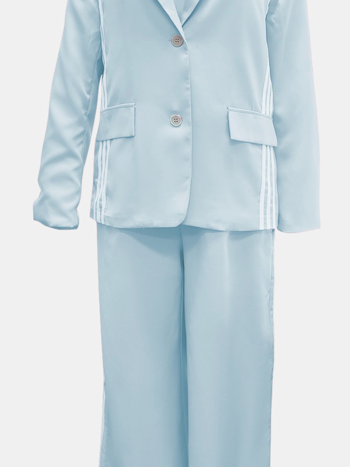 Wild and Free Boutique side striped long sleeve blazer and matching pants set, stylish and comfortable for casual or semi-formal wear.