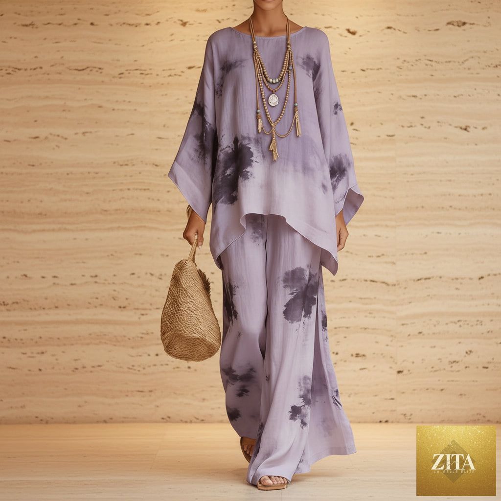 MERIDGE floral print bamboo linen two-piece set featuring wide-leg pants and a matching top, perfect for casual or summer wear.