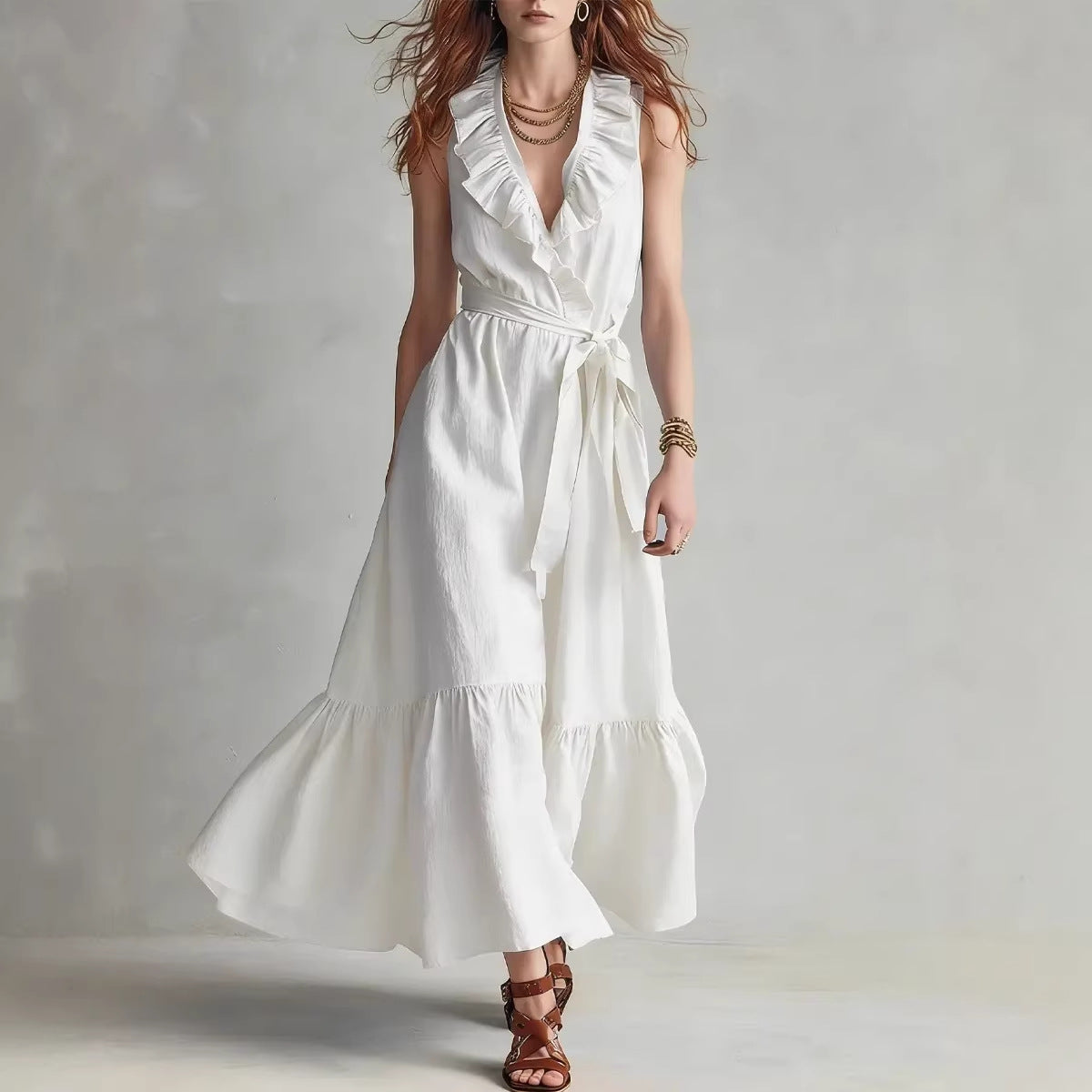 Women's FitiqueFit V-neck sleeveless maxi dress with lace-up panel details and wide flare, perfect for casual wear.