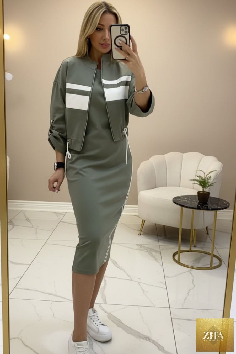 Women's Zip-Up Bomber Track Jacket & Bodycon Midi Dress Set