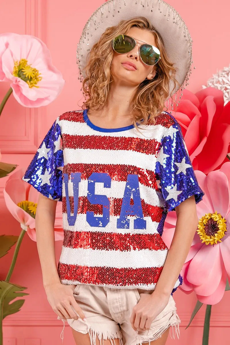 BiBi American Flag Theme USA Lettering Sequin Top
