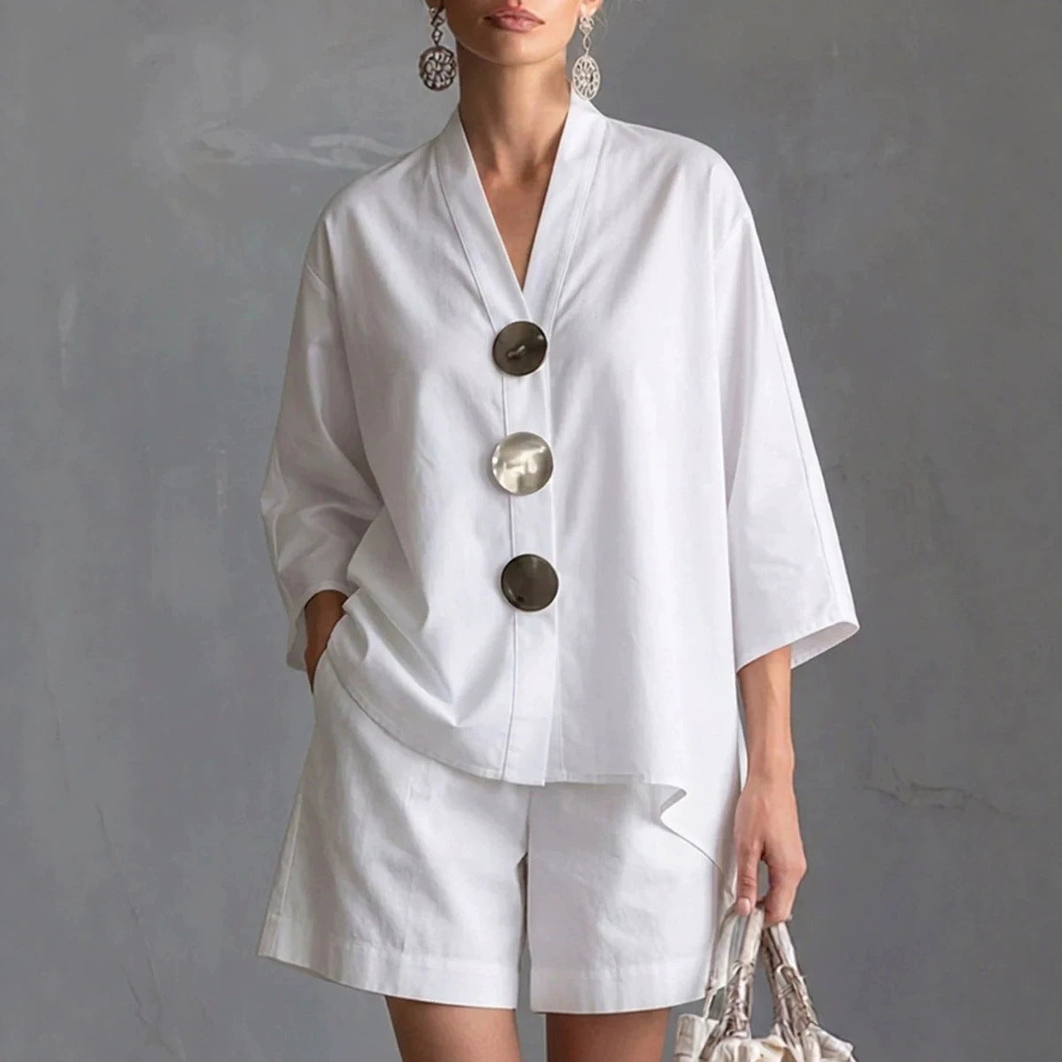 Women's Solid Color 3/4 Sleeve Top & Shorts Two-Piece Set