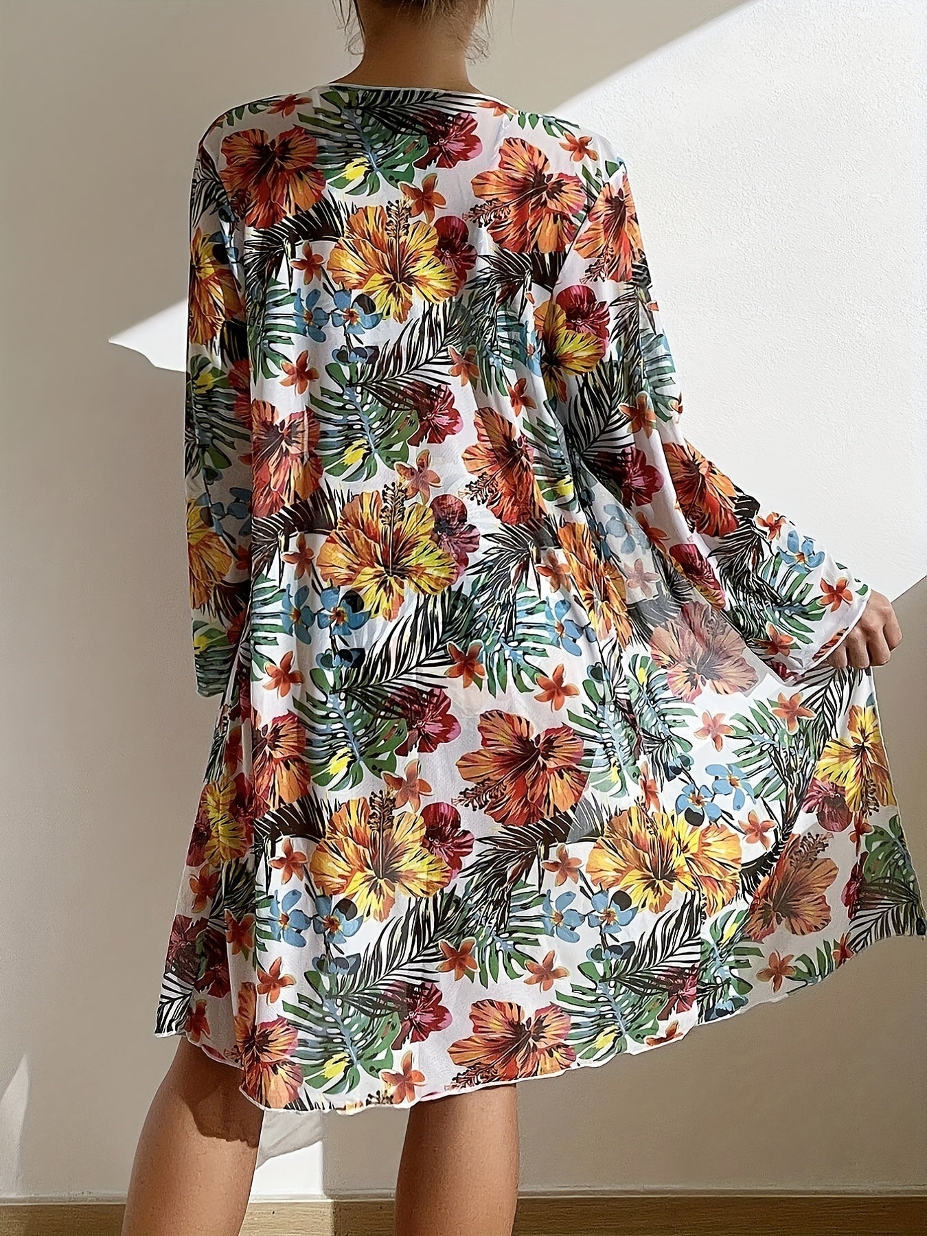 Stevvex Tropical Bloom 3-piece swimsuit set with high-waist floral bikini, crew neck top, spaghetti straps, and matching long sleeve cover-up.