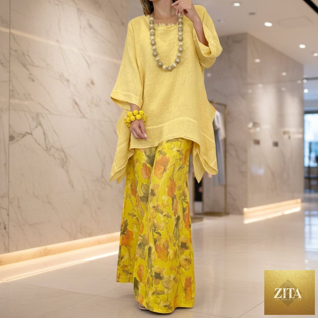Women's linen-style tunic top and watercolor floral wide-leg pants set by MERIDGE, featuring a relaxed fit and vibrant floral pattern.