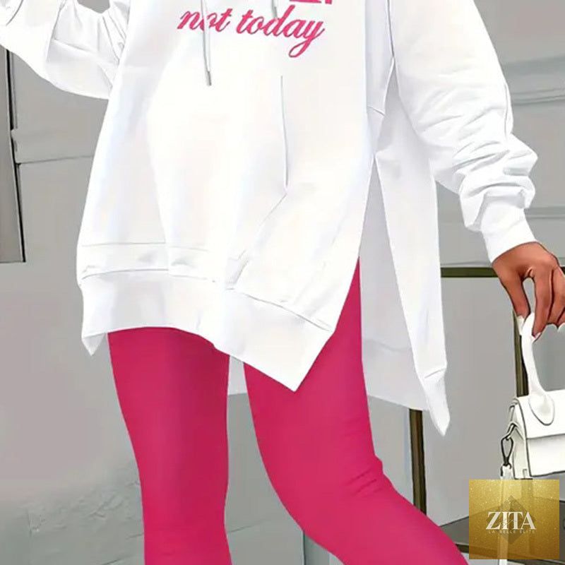 FitiqueFit casual 2-piece set with solid color leggings and letter print hooded sweatshirt, perfect for comfortable, stylish everyday wear.
