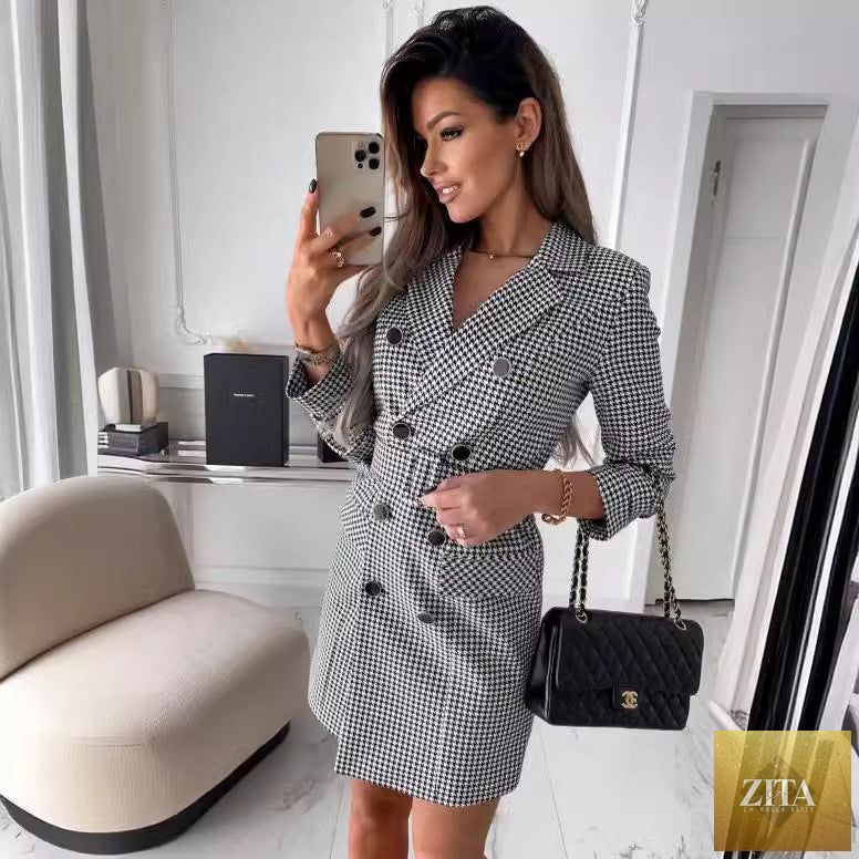 Women’s plaid blazer dress featuring a fashionable printing design, styled with a tailored fit and classic collar, by Sell My Stuff.