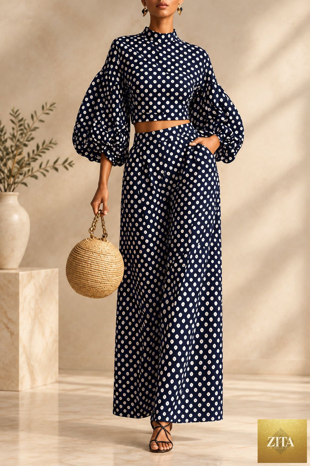 Women's 2-Piece Polka Dot Set – Lantern-Sleeve Mock-Neck Crop Top & High-Waisted Wide-Leg Trouser