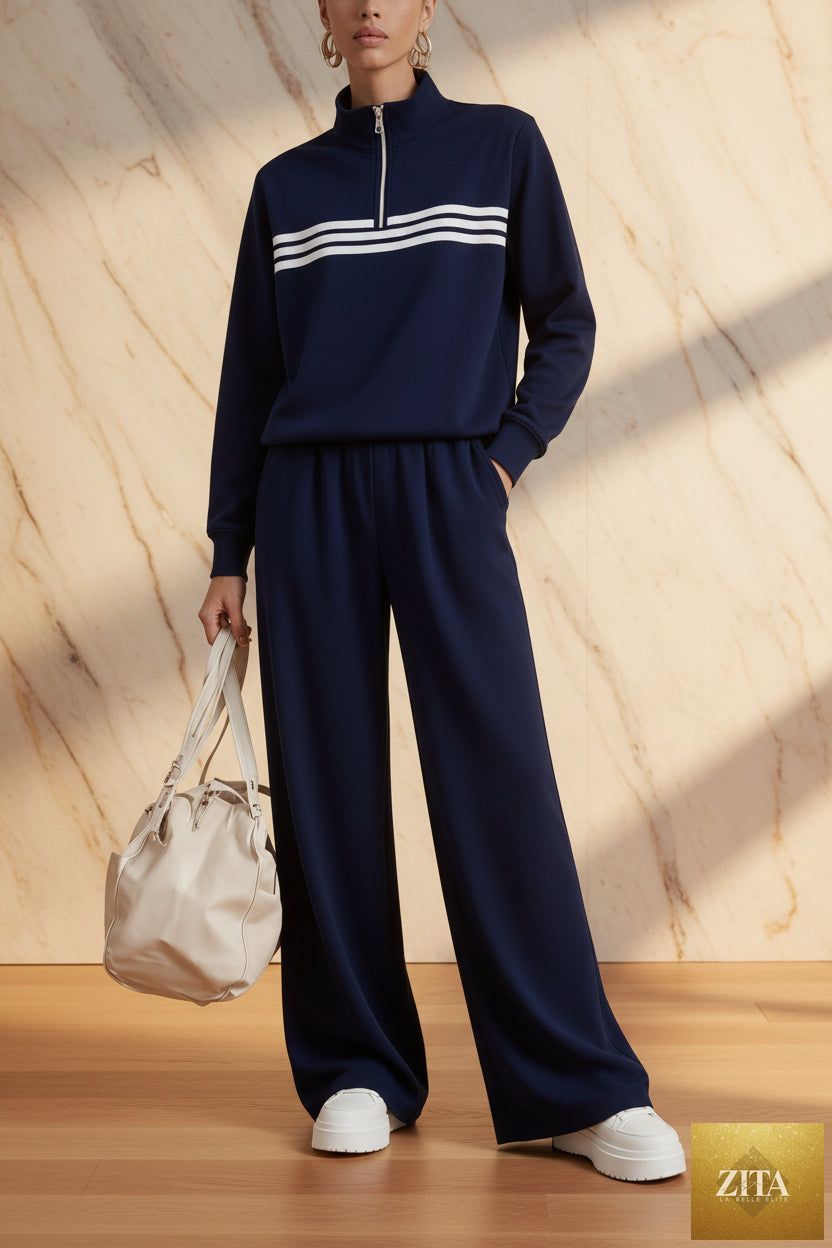 Women's Half-Zip Stripe Sweatshirt & Wide-Leg Pants Set