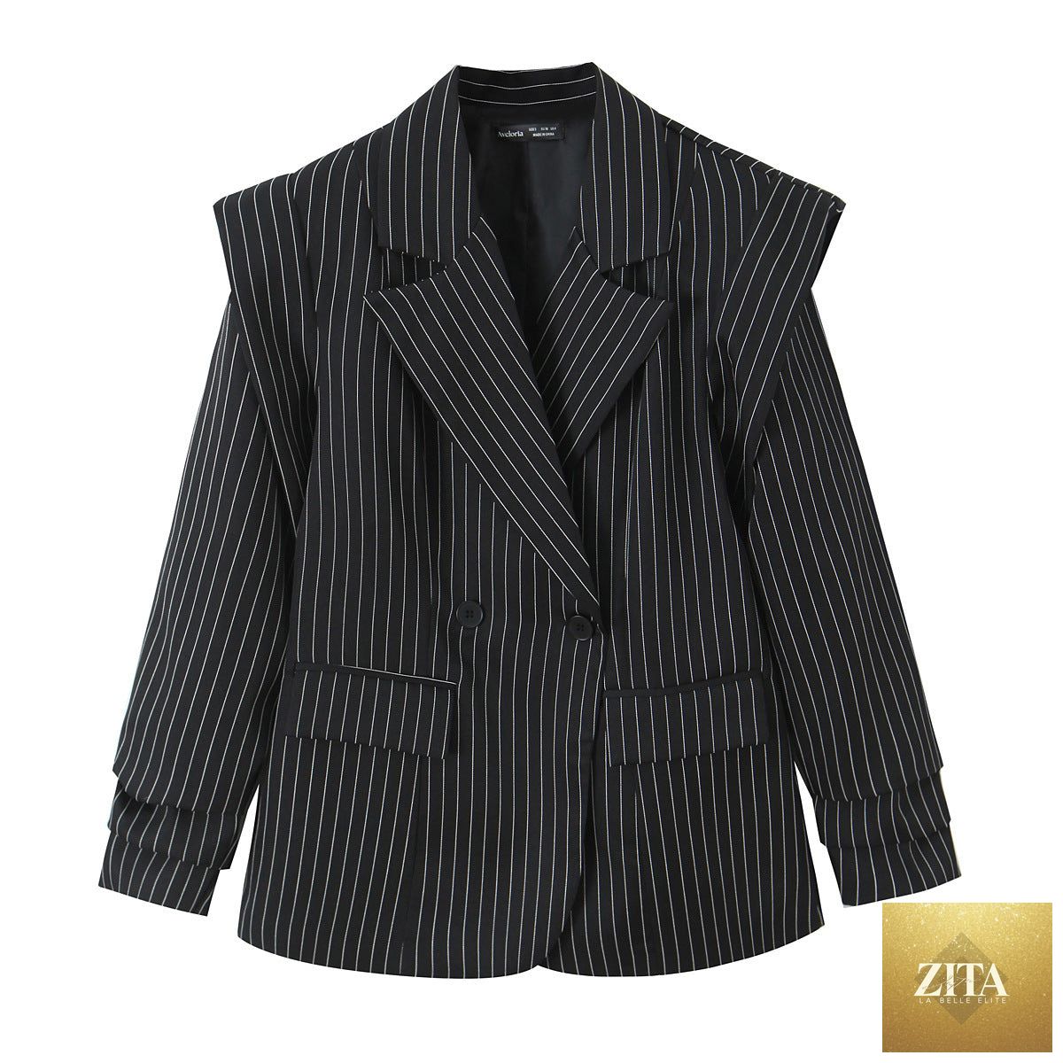 Women’s striped wide-shoulder blazer by Sell My Stuff, tailored fit with bold horizontal stripes and structured design.