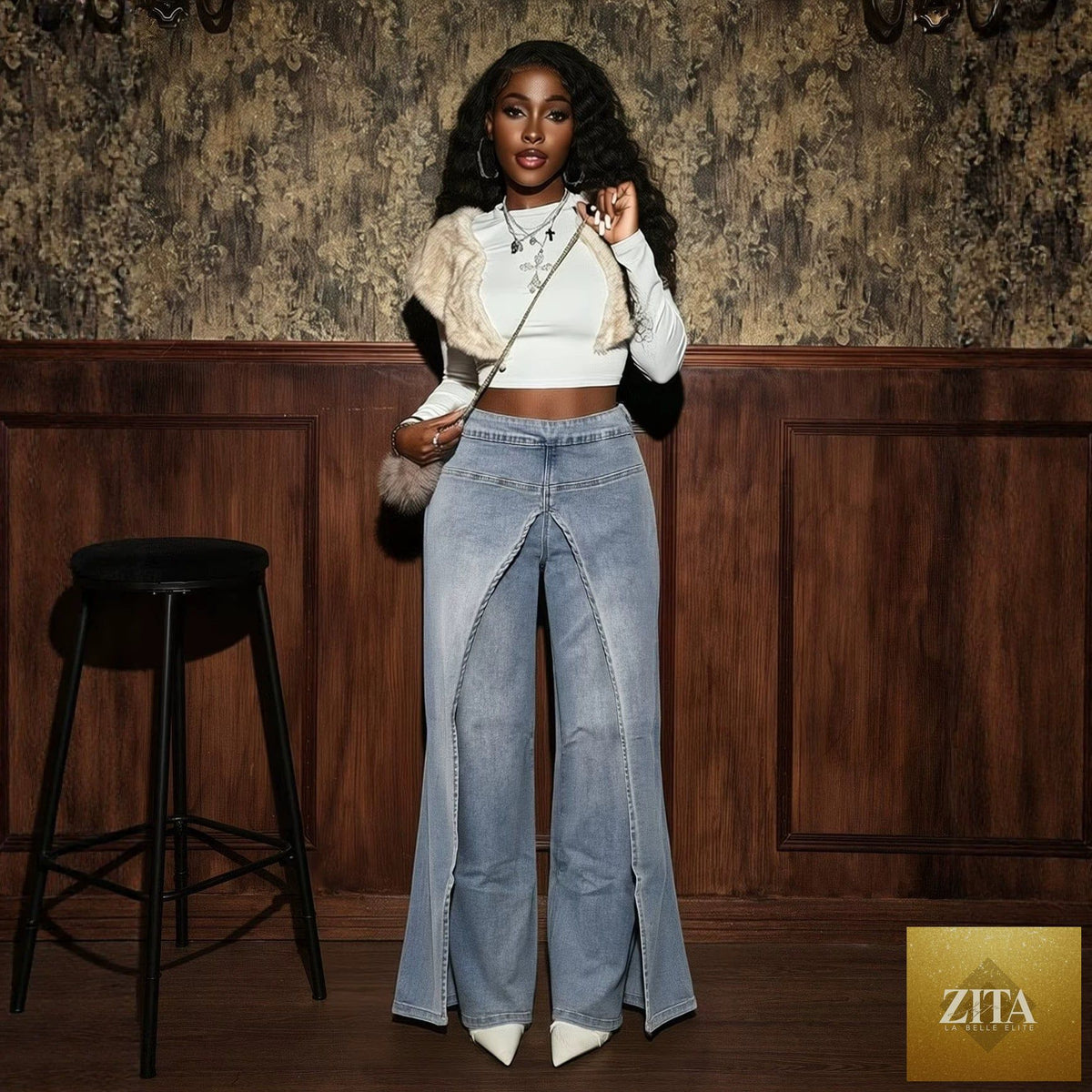 European and American style women's jeans featuring high-waisted, double-layer split straight-leg denim trousers.