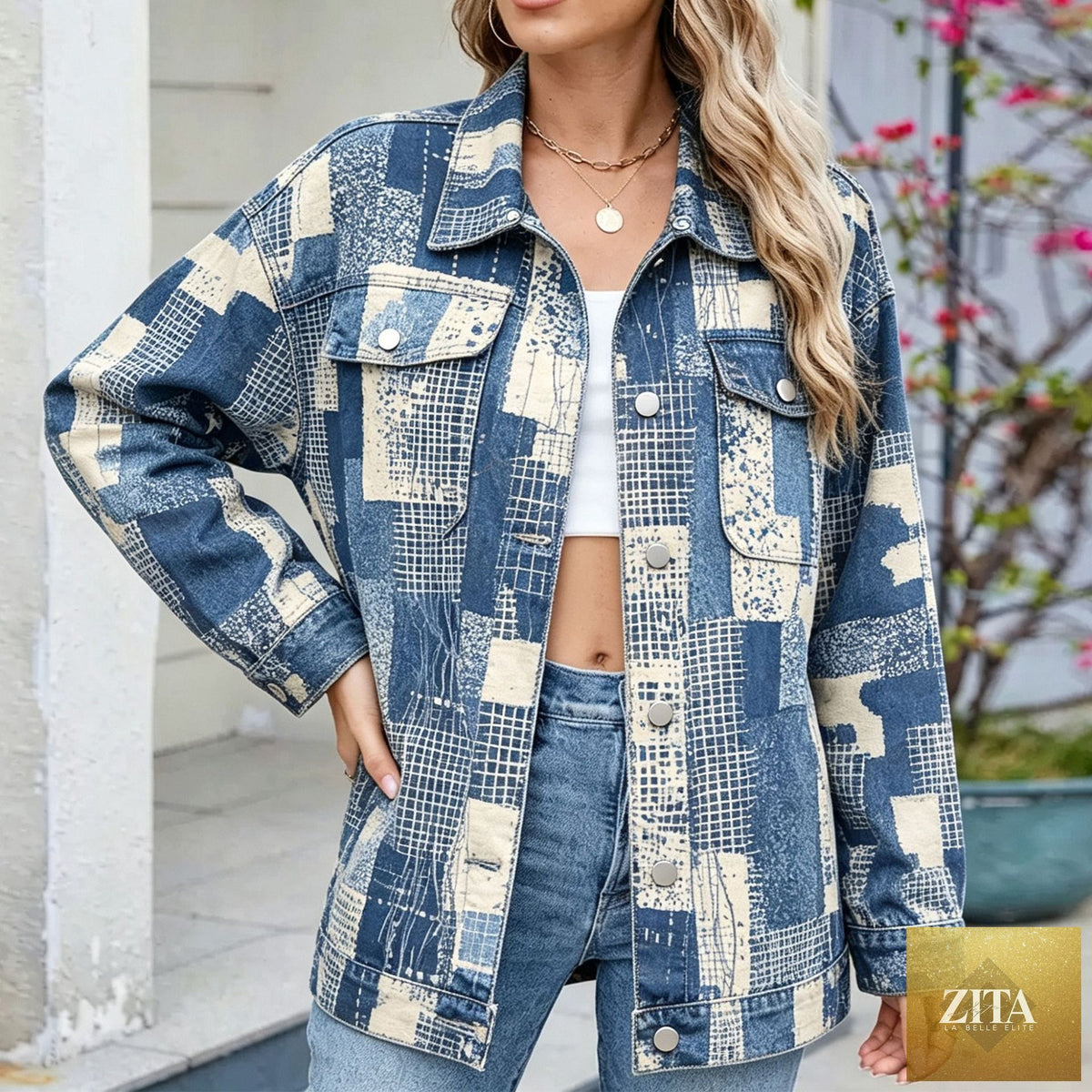 Women's Botanical Print Drop-Shoulder Denim Jacket