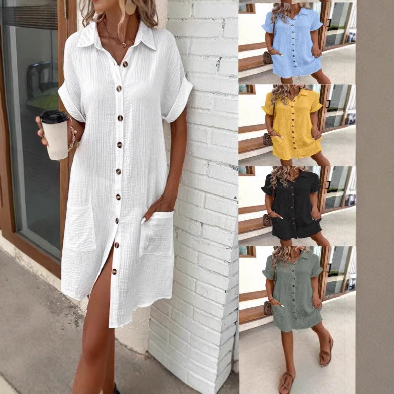 Casual women's loose short-sleeve midi shirt dress with button-down front, featuring a relaxed fit and classic collar from FitiqueFit.