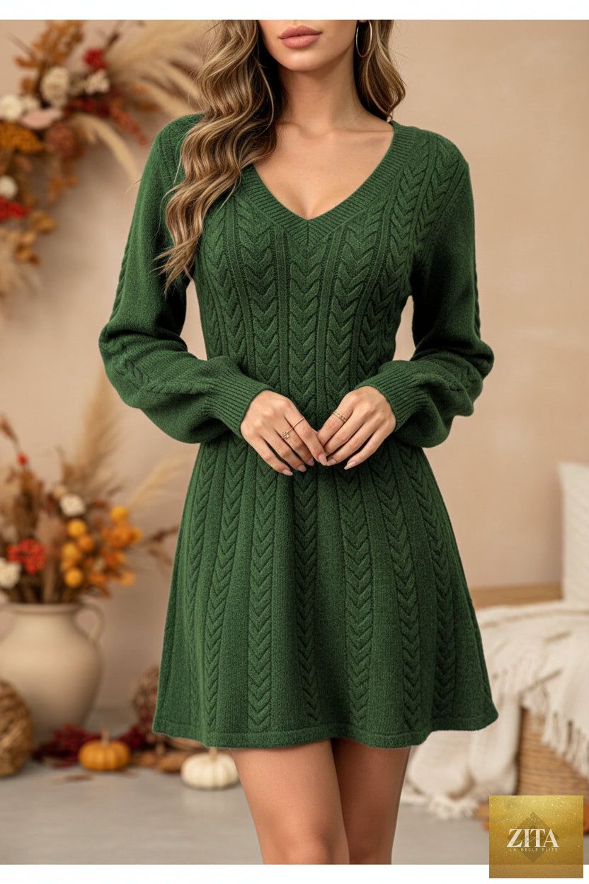 Women's V-Neck Cable-Knit Pullover Dress