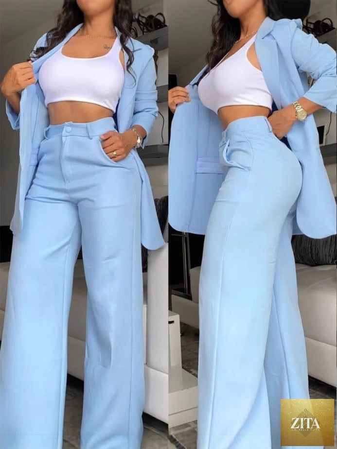 Women's Longline Open-Front Blazer & High-Waist Wide-Leg Trousers Suit Set – 8 Colors