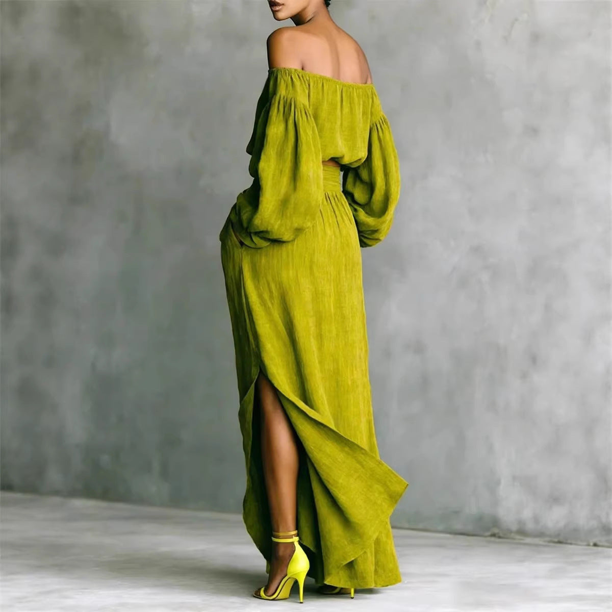 FitiqueFit women's casual off-shoulder top and asymmetrical maxi skirt set, stylish 2-piece outfit for warm weather.