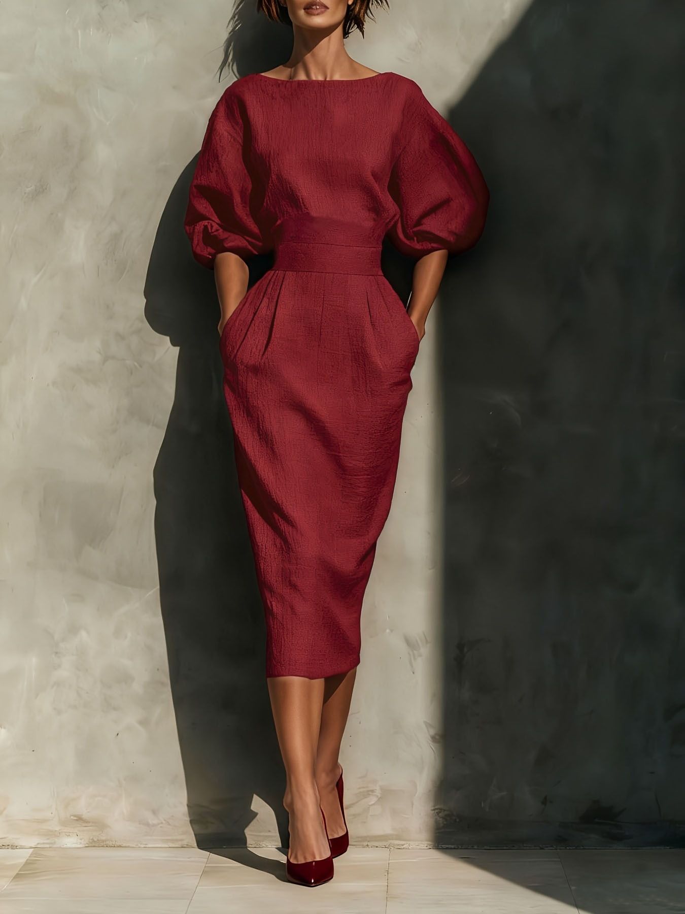 Round neck puff sleeves midi dress by Shopiebay displayed on a mannequin with a flowing silhouette and floral pattern.