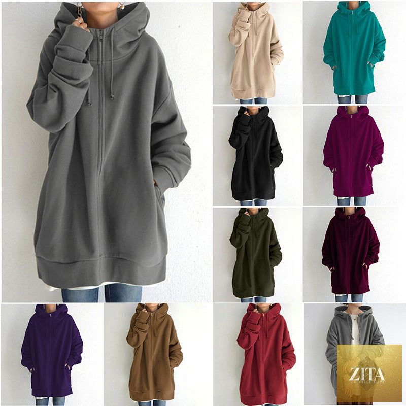 Oversized women’s loose hooded coat with tie collar, long sleeves, zipper closure, velvet fabric, suitable for autumn.