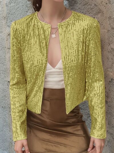 Stevvex women’s full-size sequin cropped jacket with open front, sparkling glamorous party jacket for women, luxurious and stylish.