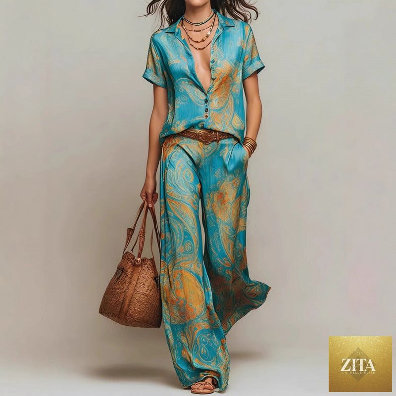 Women's Marble Swirl Print Satin-Look Short Sleeve Shirt & Wide-Leg Pants Resort Set