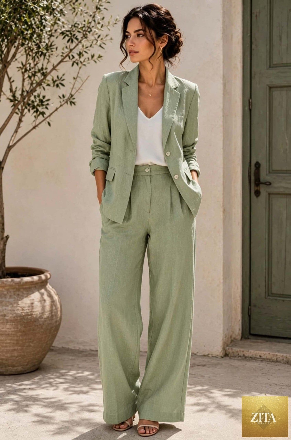 Women's Linen-Look Oversized Double-Breasted Blazer & Wide-Leg Pleated Trouser Suit Set