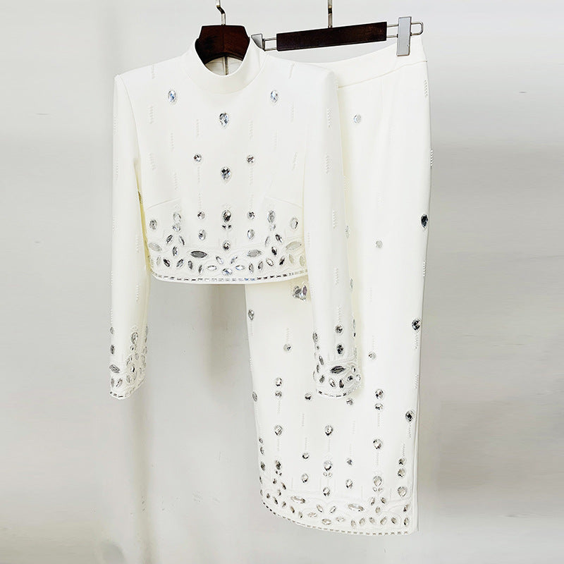 Fashion New Heavy Industry Beads Diamond Inlaid Short Top Long Skirt Suit See size chart under “more details”