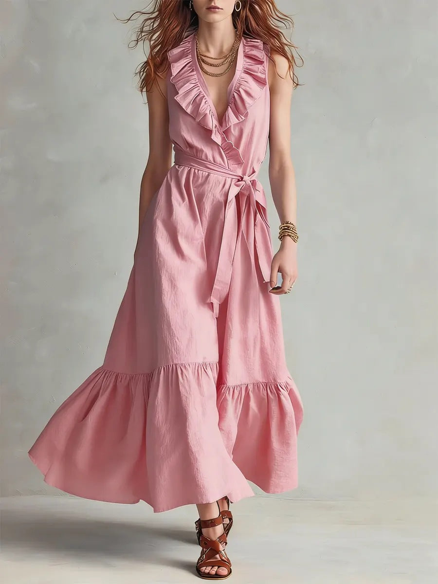 Women's FitiqueFit sleeveless V-neck maxi dress with lace-up panel details and wide flare, casualwear style, shown in flowing fabric.
