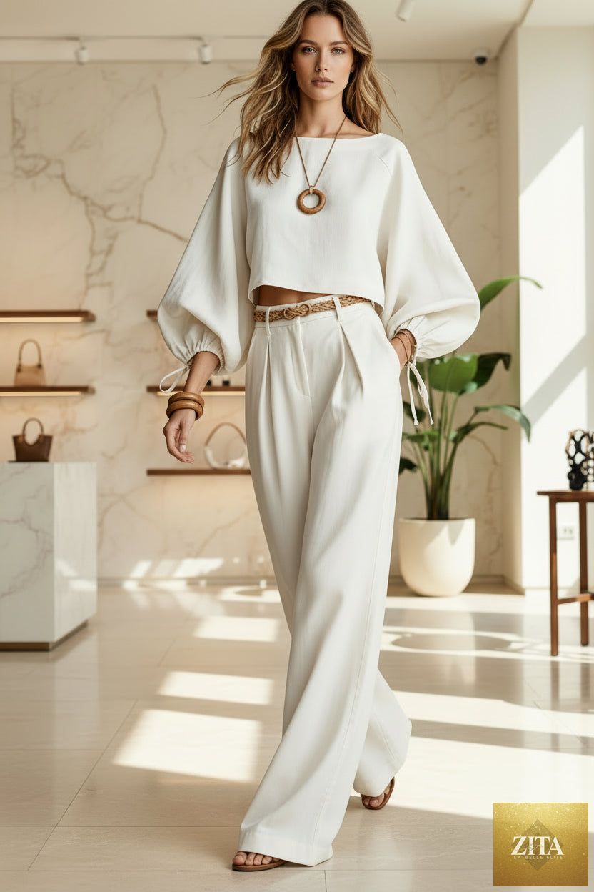 Women's Balloon Puff Sleeve Tie-Cuff Crop Top & Pleated Wide-Leg Trousers Set