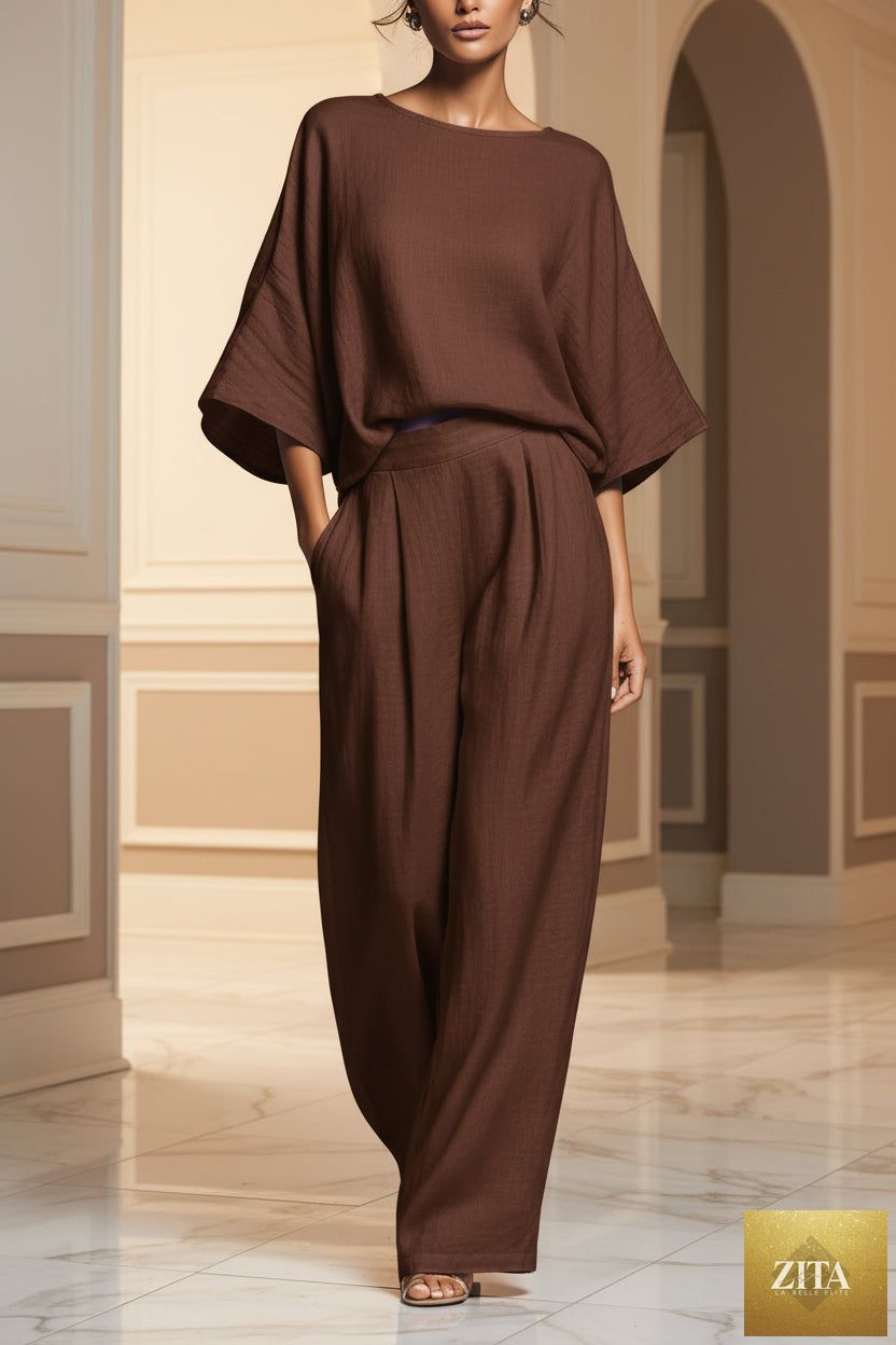 Women's Batwing-Sleeve Top & Wide-Leg Pleated Trousers Two-Piece Set