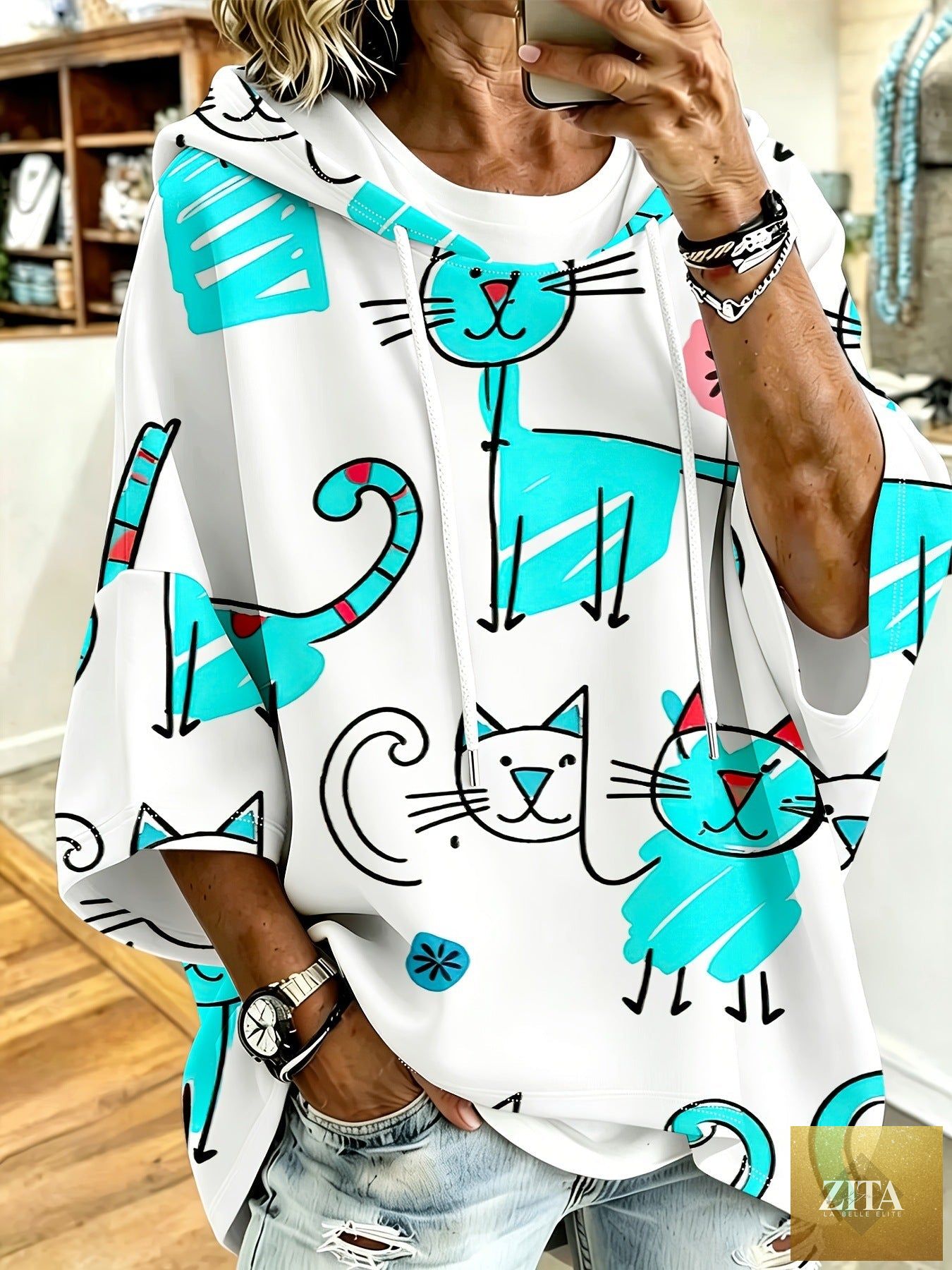 Cartoon Cat Print Hoodie with 3/4 Sleeves & Drawstring