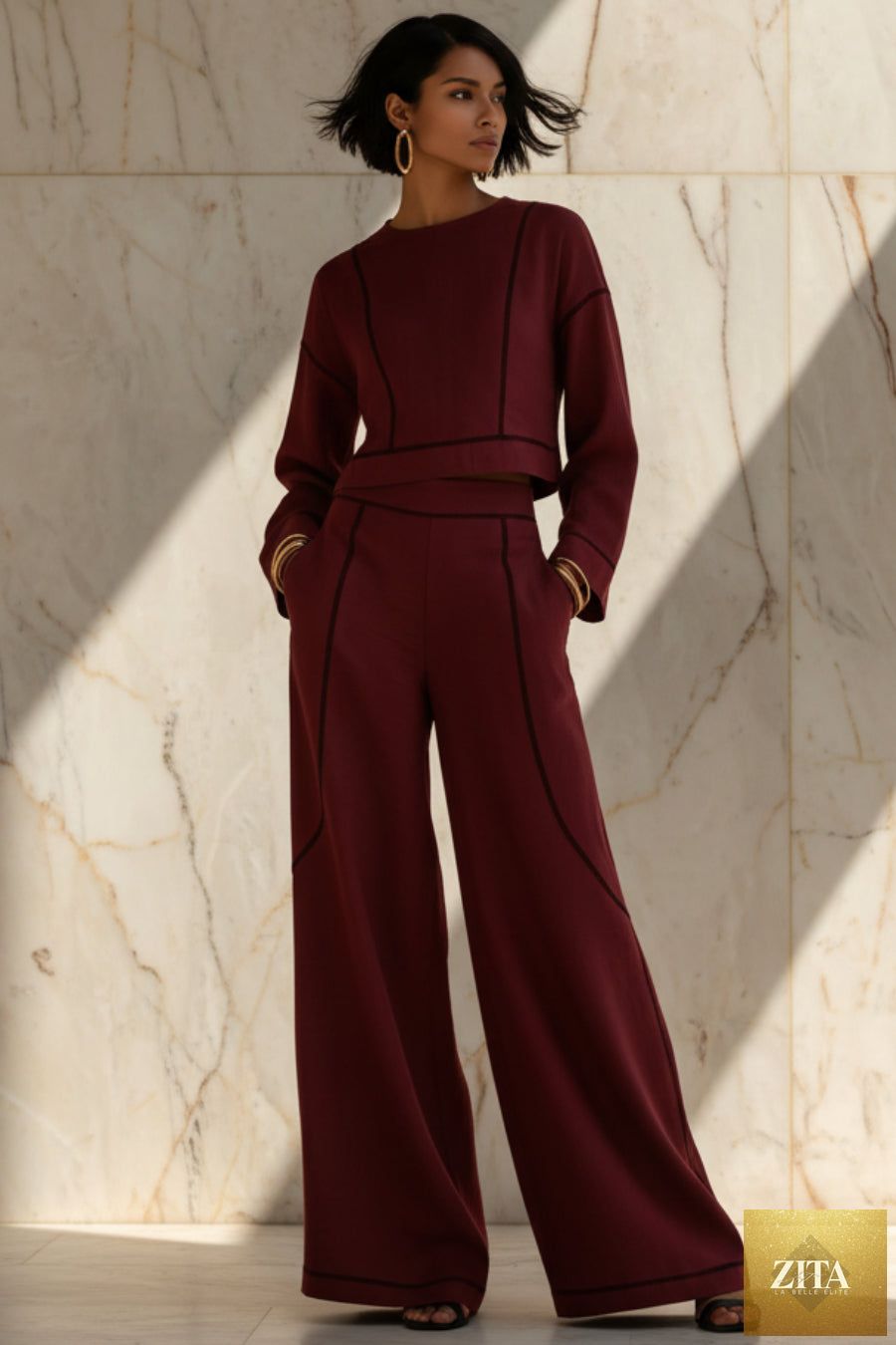 Women's Cropped Long-Sleeve Top & Ultra-Wide Palazzo Pants Set