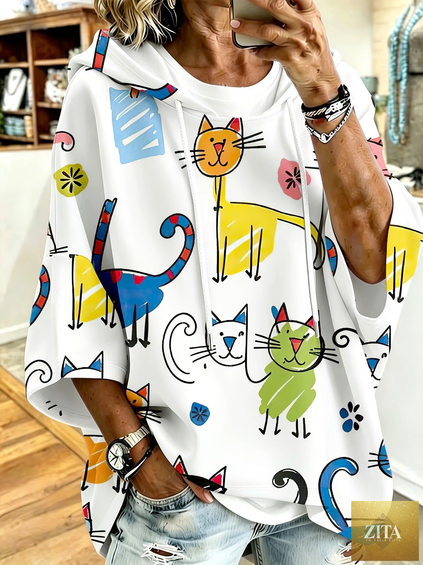 Cartoon Cat Print Hoodie with 3/4 Sleeves & Drawstring