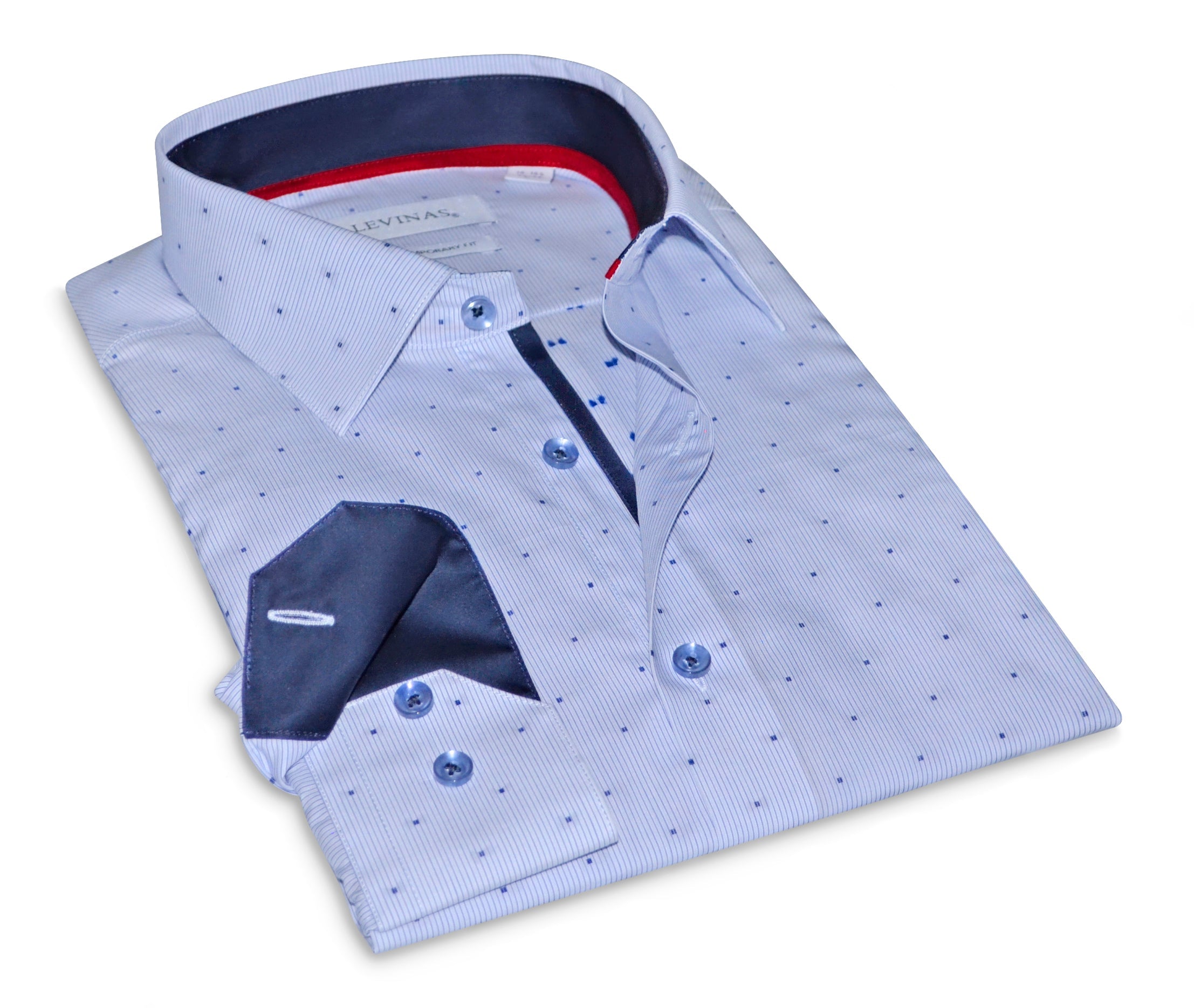 Levinás® navy stripe button-up shirt with contrast details, contemporary fit, long sleeves, and classic collar.