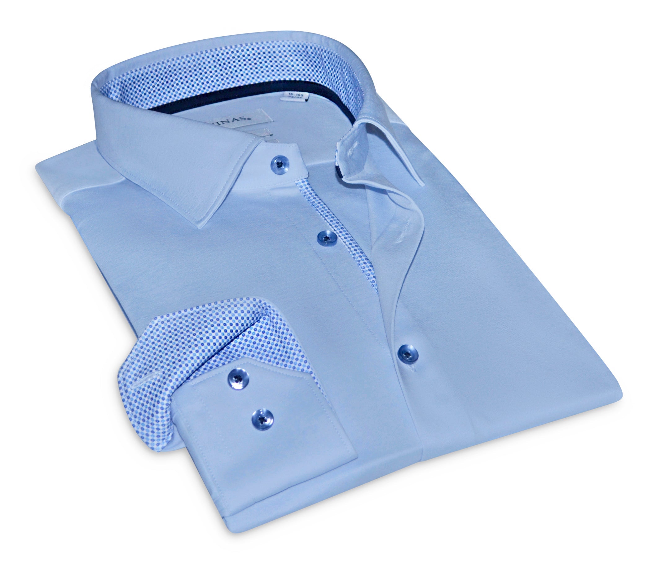 Blue LEVINAS® cotton knit stretch button-up shirt with contrast details, tailored fit, and long sleeves, perfect for stylish casual wear.