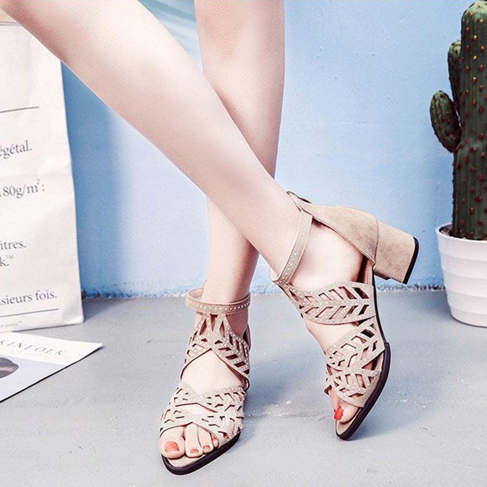 Black Stevvex women's summer sandals with hollow-out leather design, rhinestones, thick heel, zipper closure, and non-slip breathable sole.