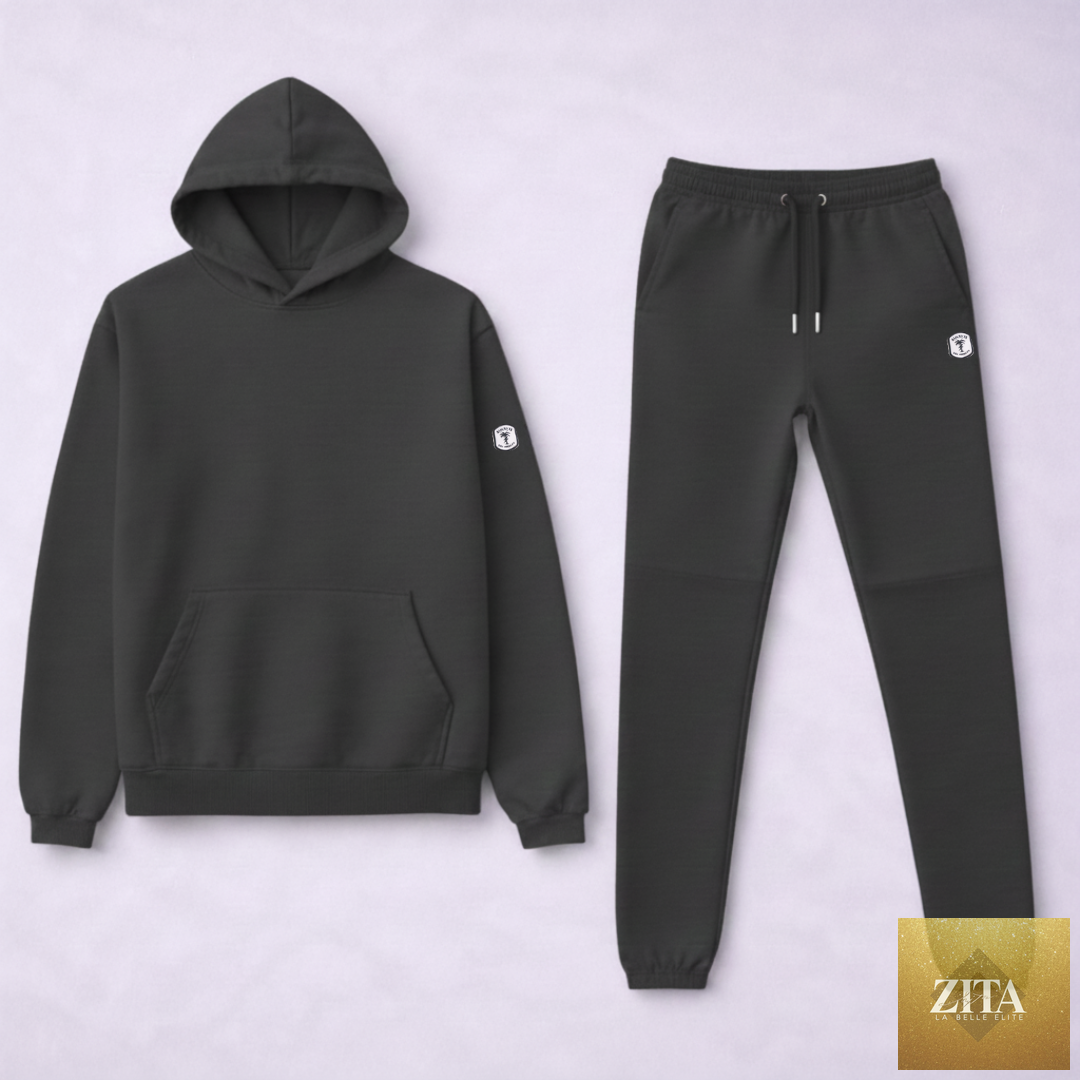 Black women's sweatsuit set by Kinetix Casual Luxury featuring a comfortable, stylish jogger and hoodie ensemble.