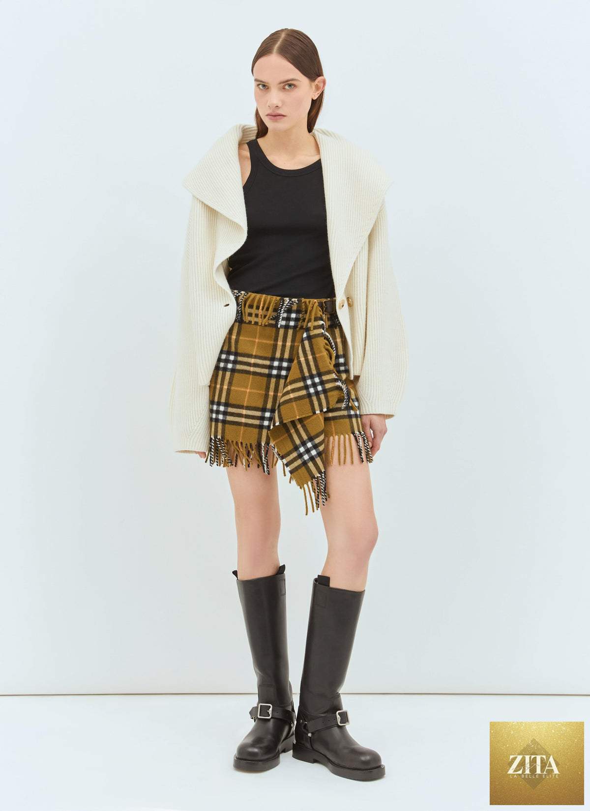 Burberry Women Check Wool And Cashmere Scarf Skirt