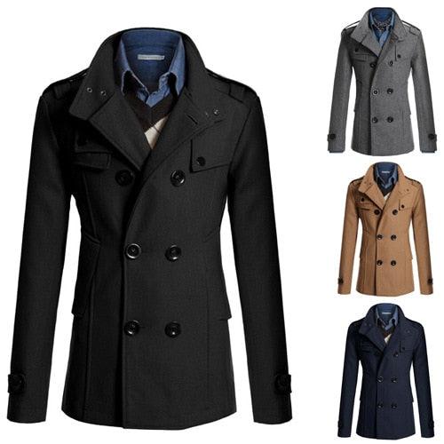 Black men's business classic jacket by Stevvex, featuring long sleeves, lightweight fabric, and a vintage trench coat style.