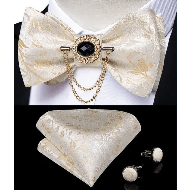 Business Elegant Gold Black Pattern Elegant Wedding Silk Bowtie Men Butterfly Fashion Bow Ties Pocket Square Classic Business Tuxedo Wedding Bowties Handkerchief Set