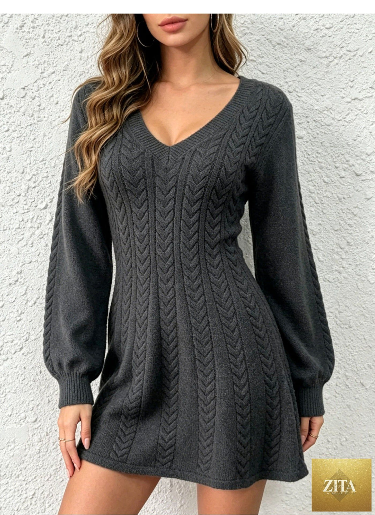 Women's V-Neck Cable-Knit Pullover Dress