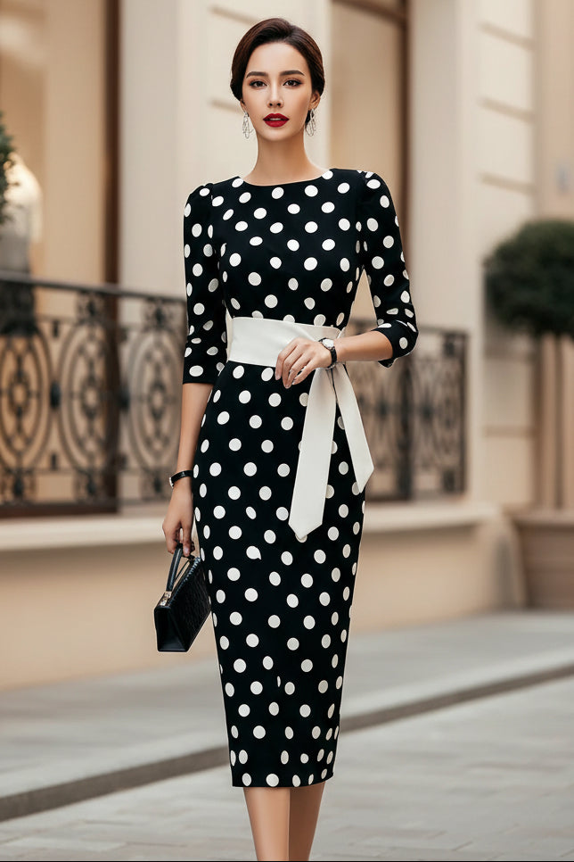 Women's retro polka-dot bodycon midi dress by FitiqueFit featuring a belted cross-tie, perfect for casualwear.