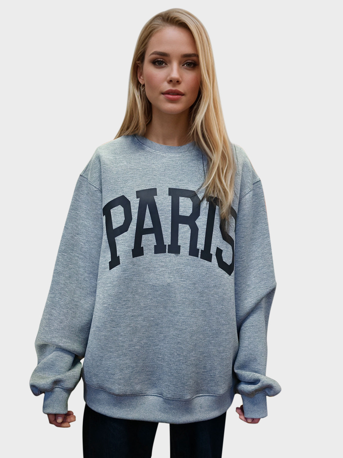 Basic Bae PARIS round neck long sleeve air scuba sweatshirt, stylish black tops with a relaxed fit and comfortable fabric.