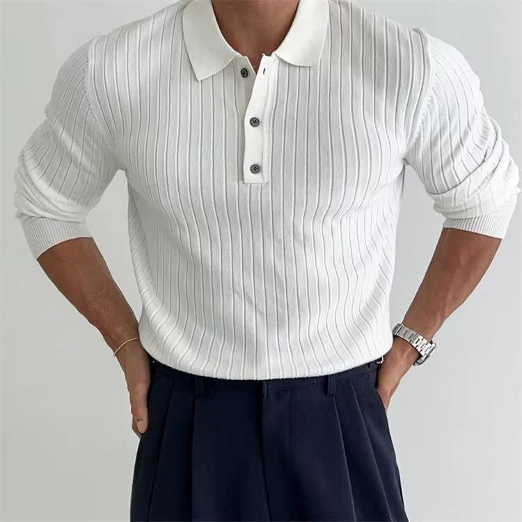 Men's Polo Shirt - Lapel Button Long Sleeve Slim Fit