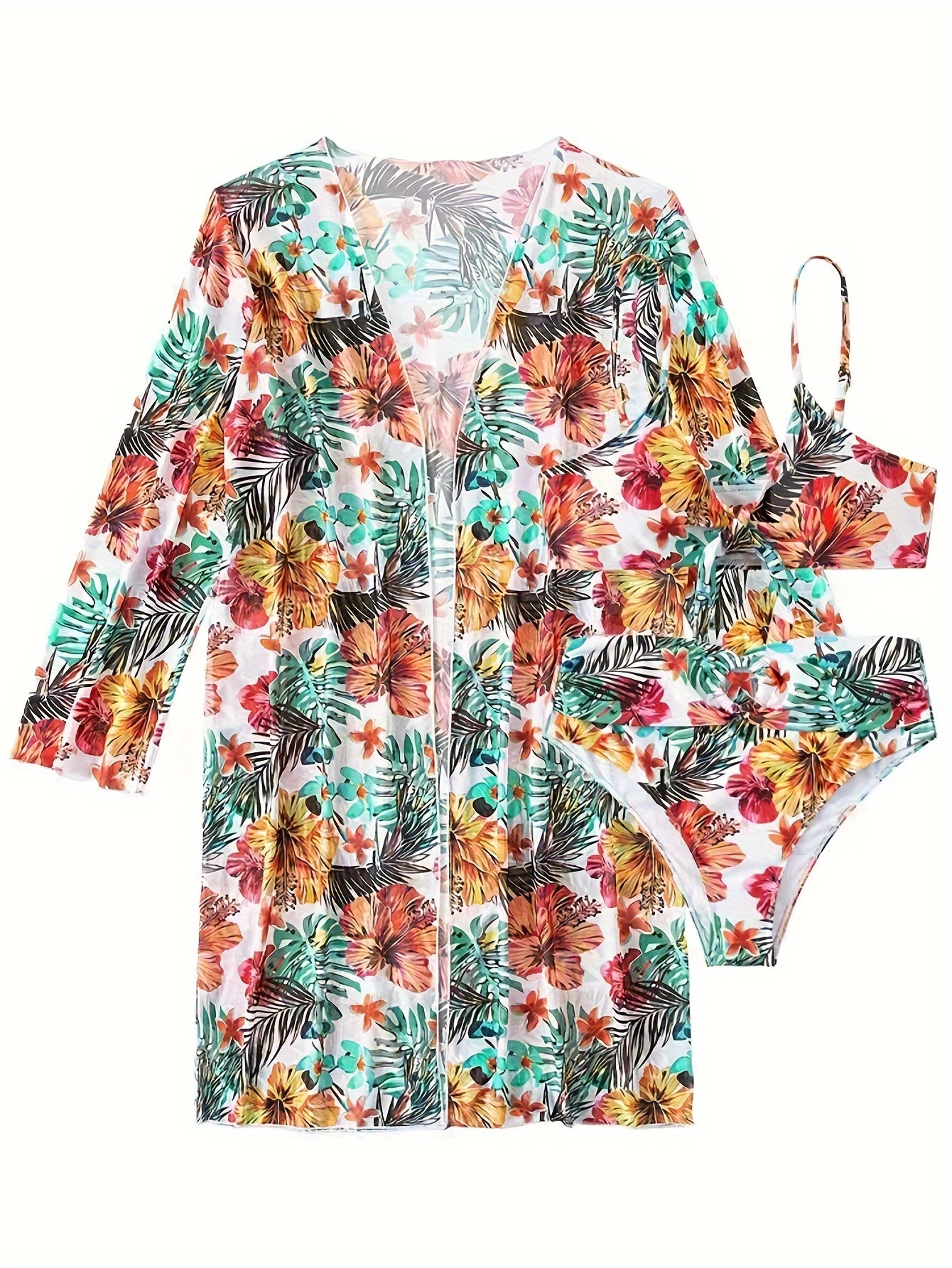 Stevvex Tropical Bloom 3-piece swimsuit set with high waist floral bikini, crew neck top, spaghetti straps, and matching long sleeve cover-up