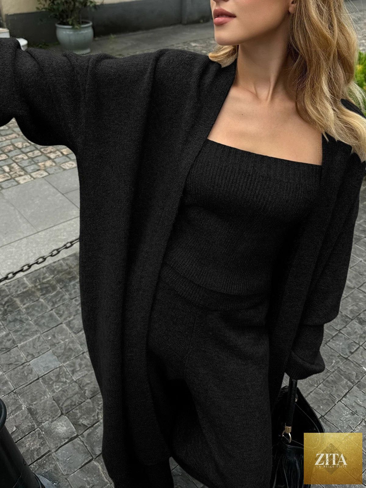 Women's 3-Piece Knit Set – Longline Cardigan, Square-Neck Ribbed Tube Top & Wide-Leg Trouser – 4 Colors, S–2XL