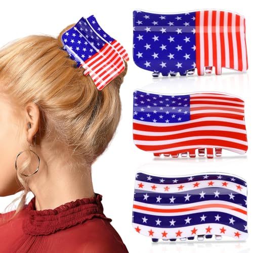 3Pcs American Flag Shaped Claw Clips USA Patriotic 4th Of July Design