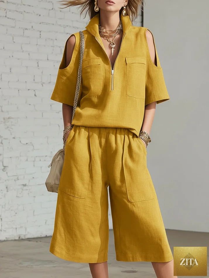 MERIDGE short-sleeve shirt and loose shorts two-piece set, casual and comfortable outfit, displayed on a model.