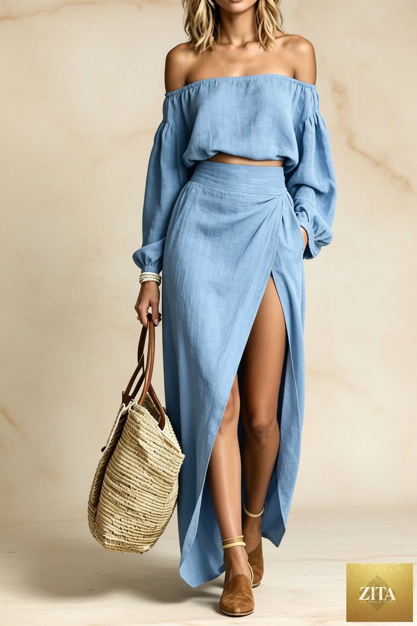 Women's Off-Shoulder Puff-Sleeve Crop Top & Wrap-Front High-Slit Maxi Skirt Set
