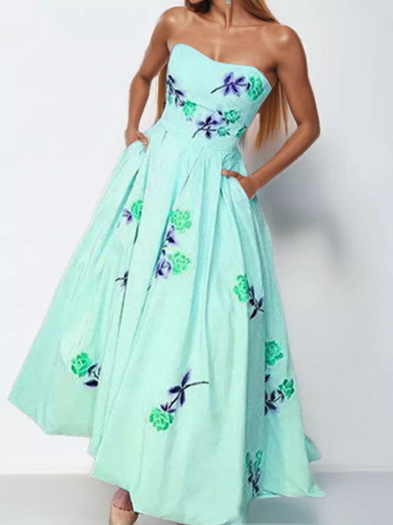 Floral print tube maxi dress by Shopiebay featuring a fitted bodice and flowing skirt, perfect for summer or casual occasions.