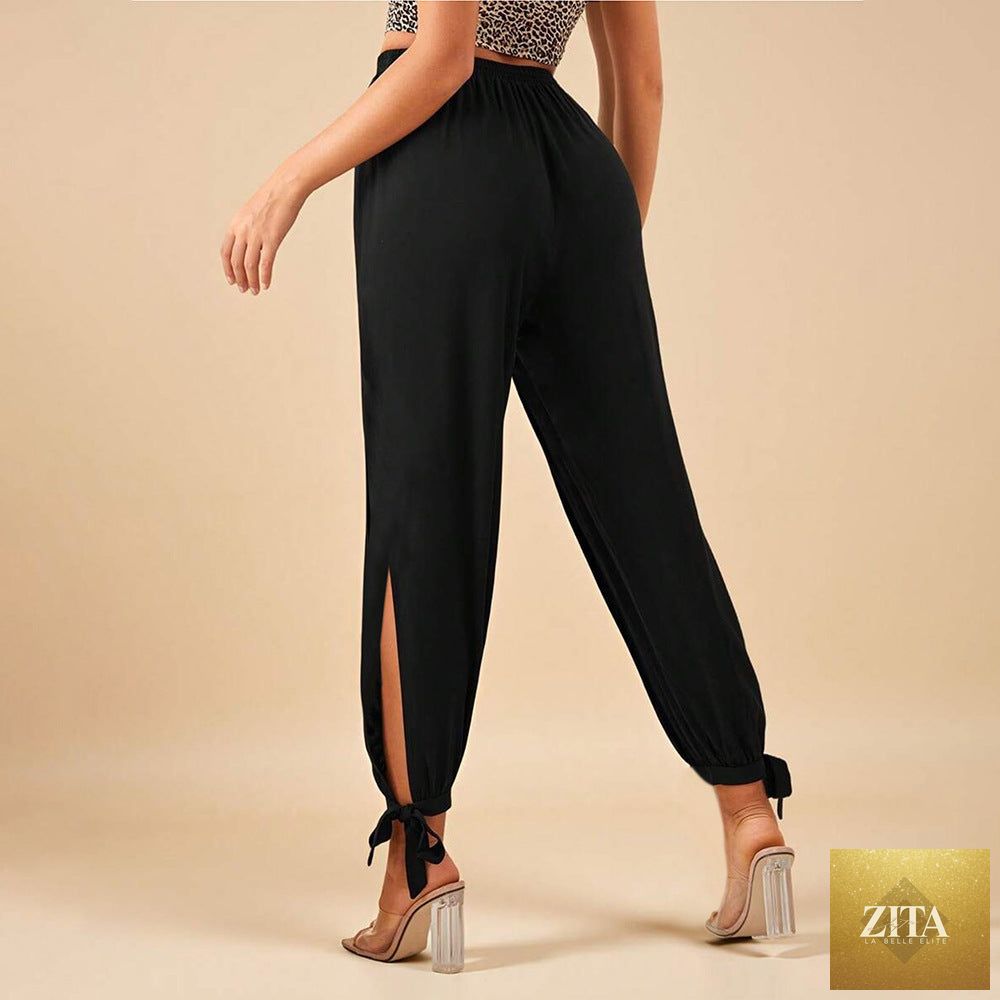 Black High-waisted Drawstring Split-leg Tie-cuff Casual Pants