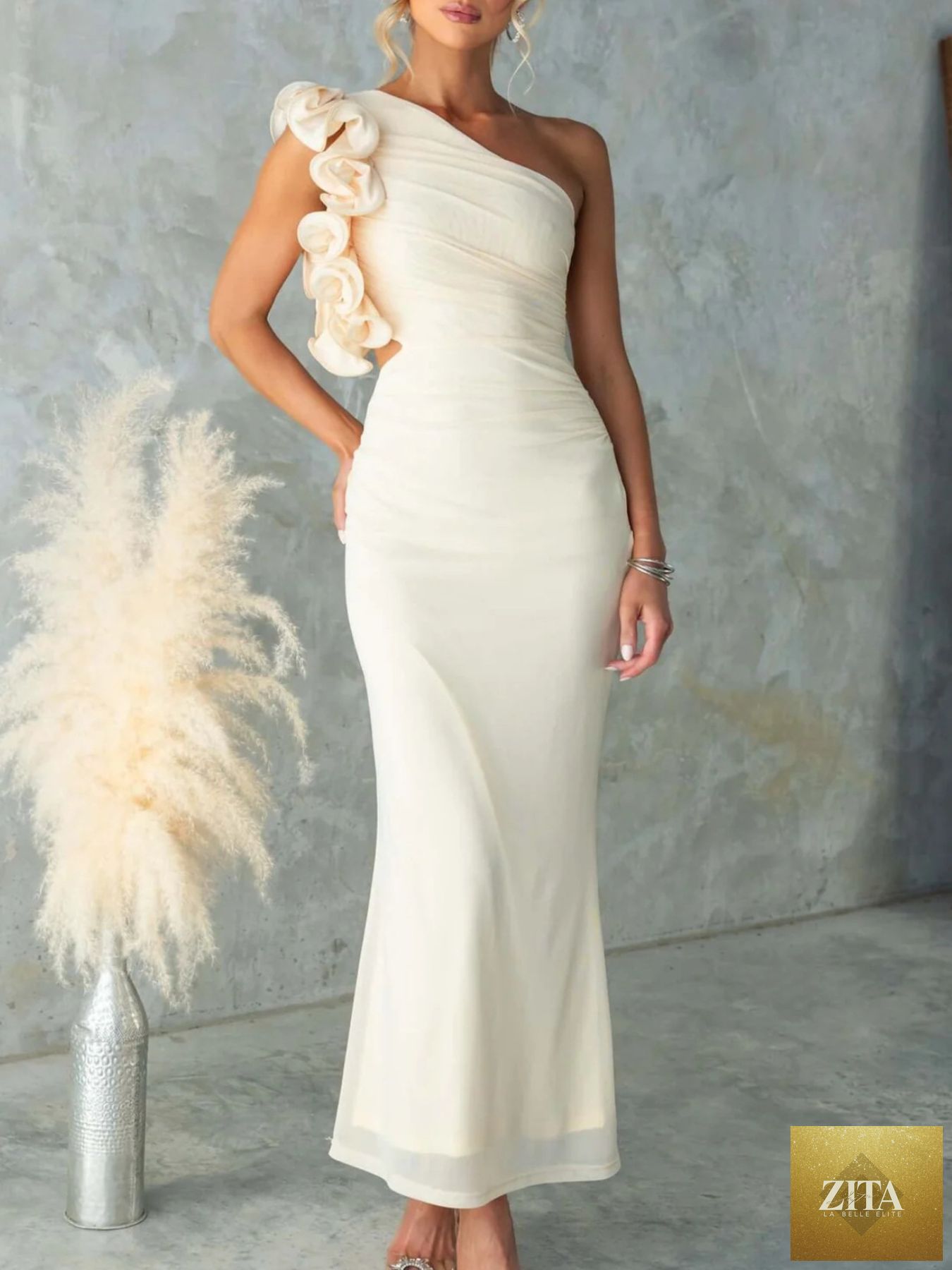 Shopiebay one-shoulder floral trim sleeveless maxi dress with elegant design and flowing fabric, perfect for summer occasions.